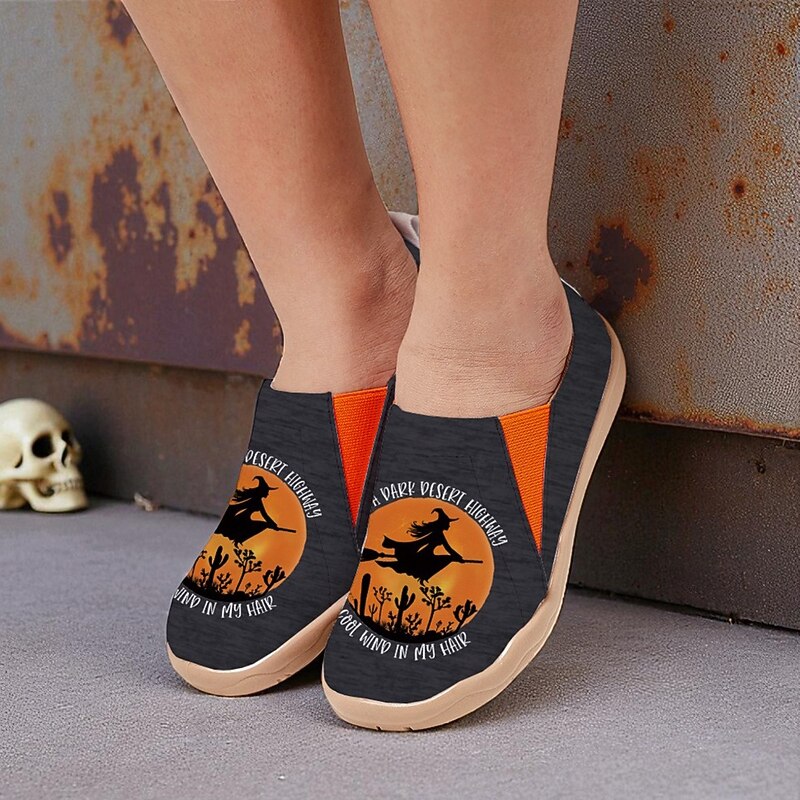 Women's Canvas Wide-Width Slip-On Shoes with Witch Flying Desert Sunset Print – Halloween Theme Flats for Parties, Festivals and Everyday Casual Wear