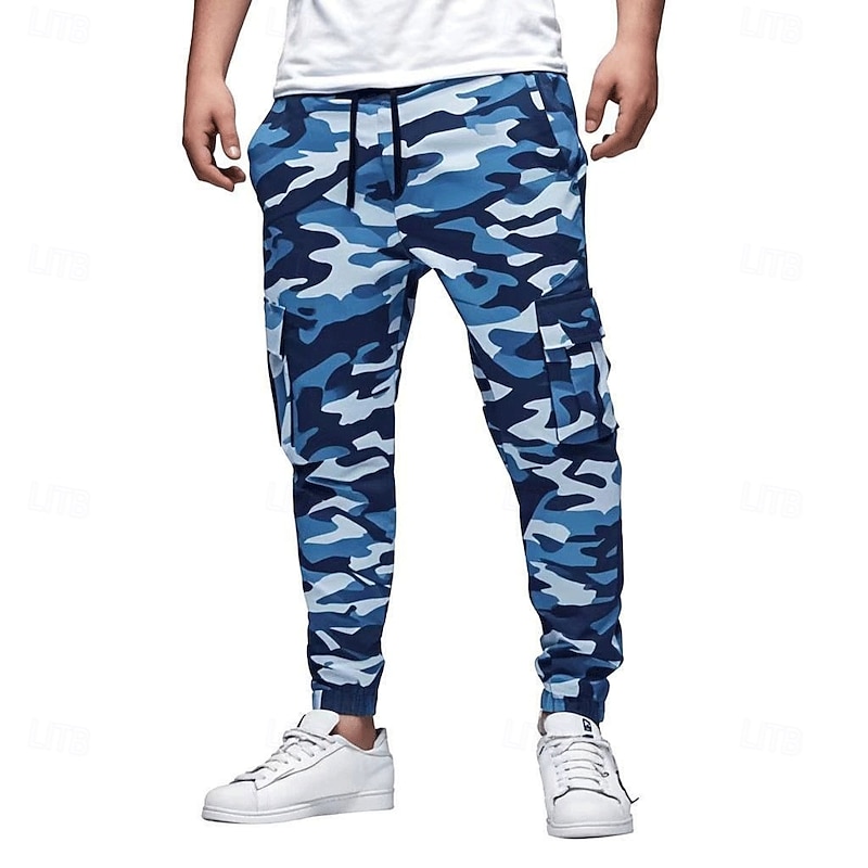 Men's Cargo Pants Cargo Trousers Joggers Trousers Casual Pants Drawstring Elastic Waist Elastic Cuff Camouflage Full Length Sports Outdoor Daily Running Streetwear Ethnic Style Blue 1# Purple3