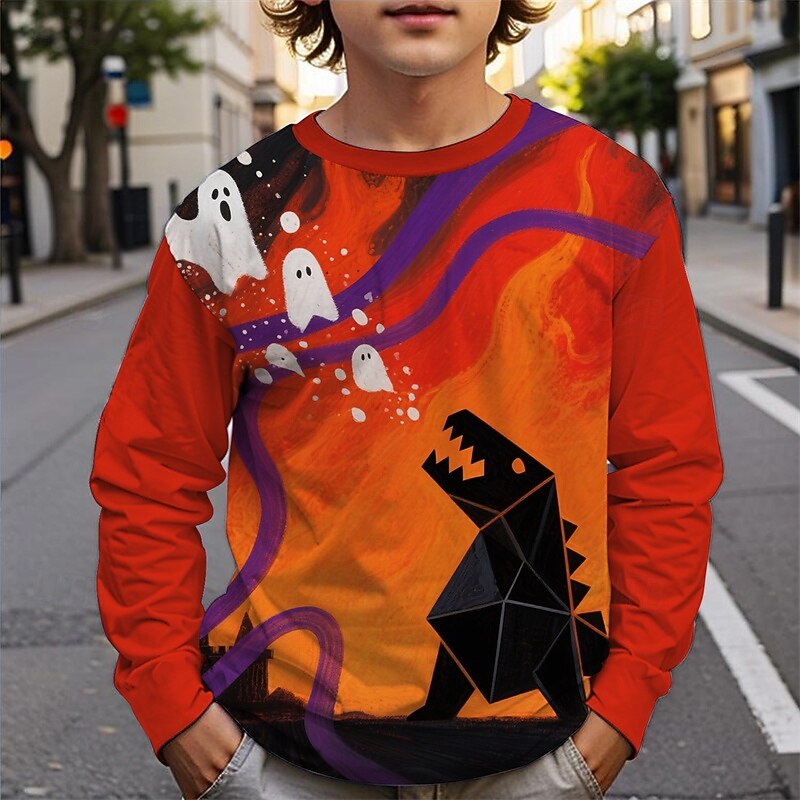 Halloween Boys' 3D Dinosaur Ghost T shirt Tee Long Sleeve Spring Fall Fashion Basic Kids 4-12 Years Crew Neck Outdoor Casual Daily Regular Fit