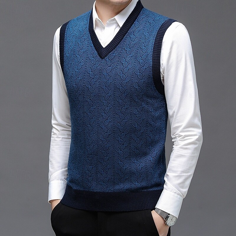 Men's Sweater Sweater Vest Pullover Sweater Jumper Ribbed Knit Regular Tops Knitted Slim Fit Geometric V Neck Knitwear Contemporary Casual Daily Wear Clothing Apparel Winter Spring &  Fall Blue Dark4