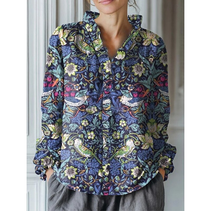 Women's Boho Shirt Floral Graphic Bohemia Vintage Stylish Long Sleeve Regular Tops Daily Holiday Ruffle Denim Blue Yellow Royal Blue Orange Brown Summer Spring Fall