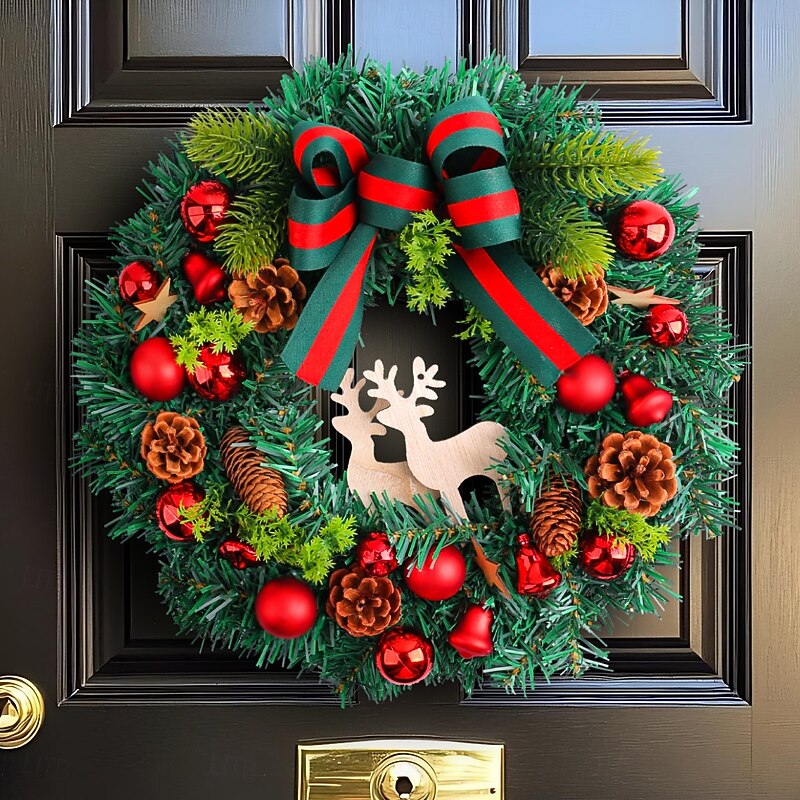 Christmas Wreath for Front Door Xmas Indoor Outdoor Decoration with Pine Needle Wooden Sign Reindeer Baubles Bow Rattan Garland for Mall Window Shop Holiday Display2