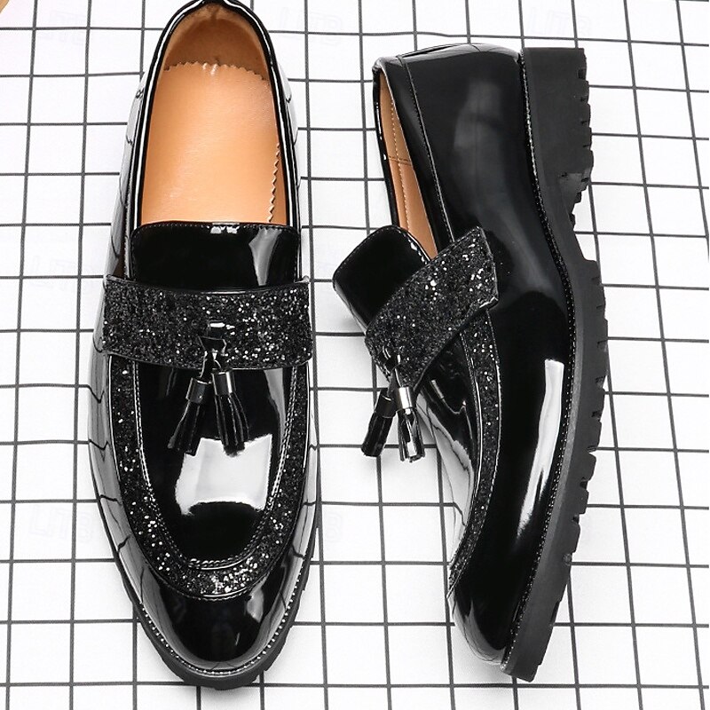 Men's Black Patent Leather Loafers with Glitter Strap – Fashion Slip-On Dress Shoes for Parties, Weddings and Evening Events3