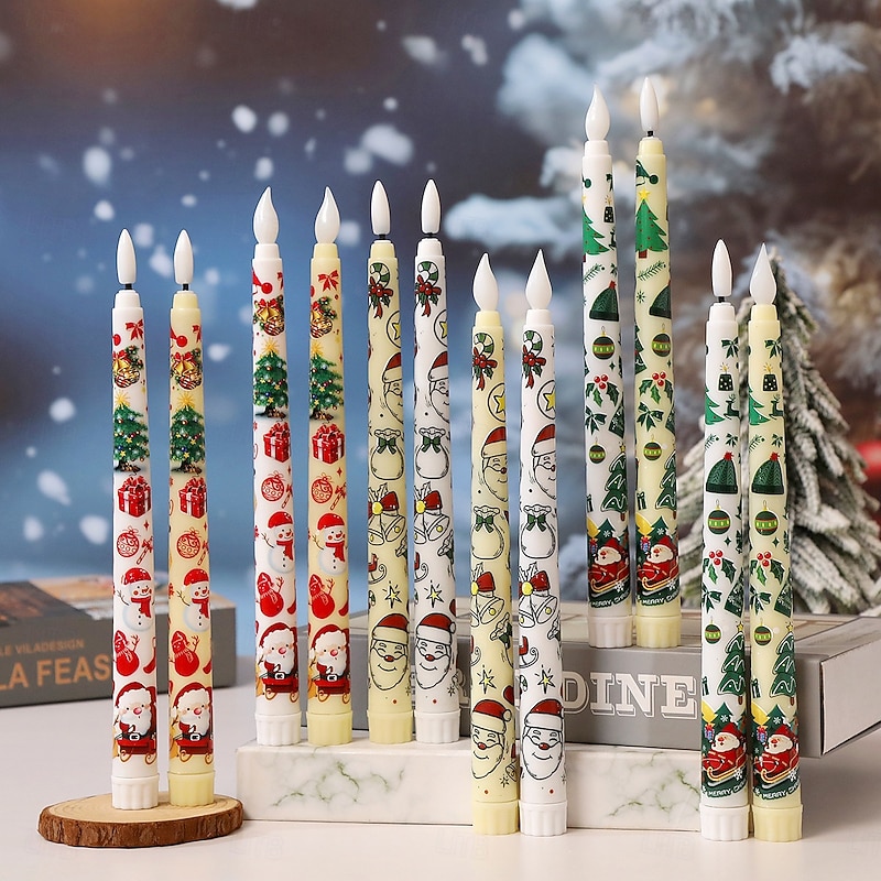 Christmas Colored Pattern Flameless Taper Candles Battery Operated with Remote and Timer 3D Wick Flickering LED Taper Candles Santa Snowman Christmas Tree Decal Holiday Decor (6PCS 0.79''x 9.9'')2