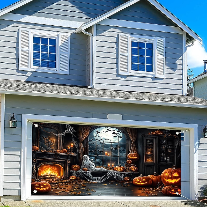 Halloween Garage Door Cover Large Hanging Backdrop Ghost Castle Dark Punk Gothic Style Party Outdoor Shooting Backgrounds Yard Haunted House Home Decor