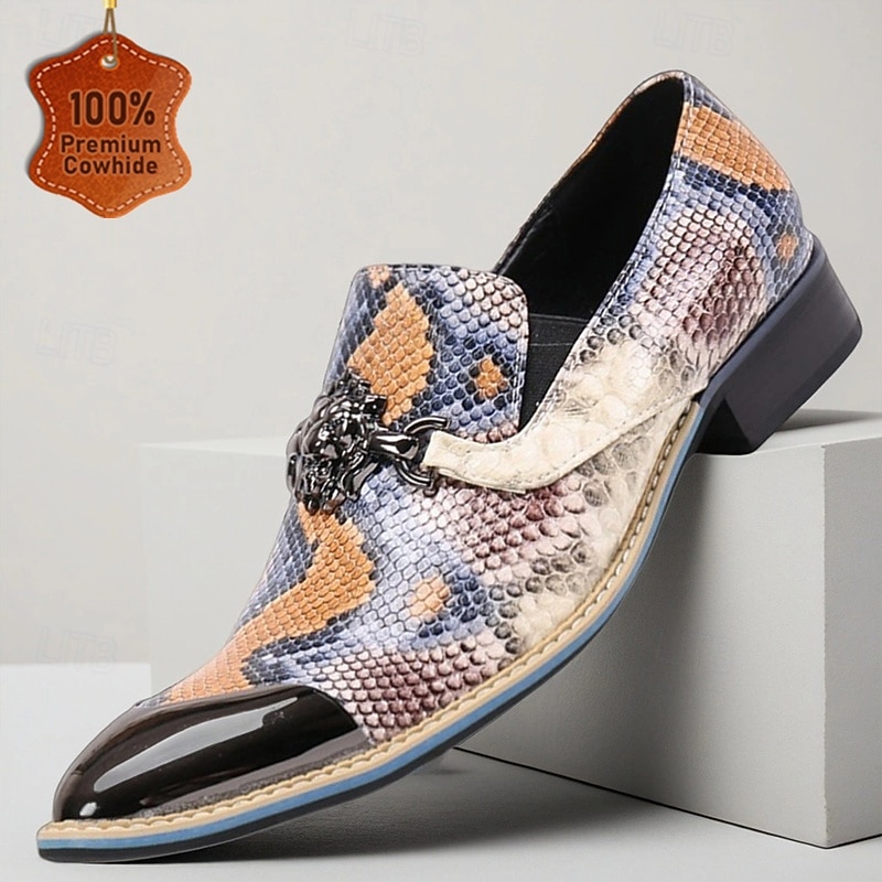 Men's Multicolor Snakeskin Pointed Toe Dress Shoes – Exotic Cowhide Slip-Ons with Metal Cap for Stage Shows, Themed Parties and Fashion Events