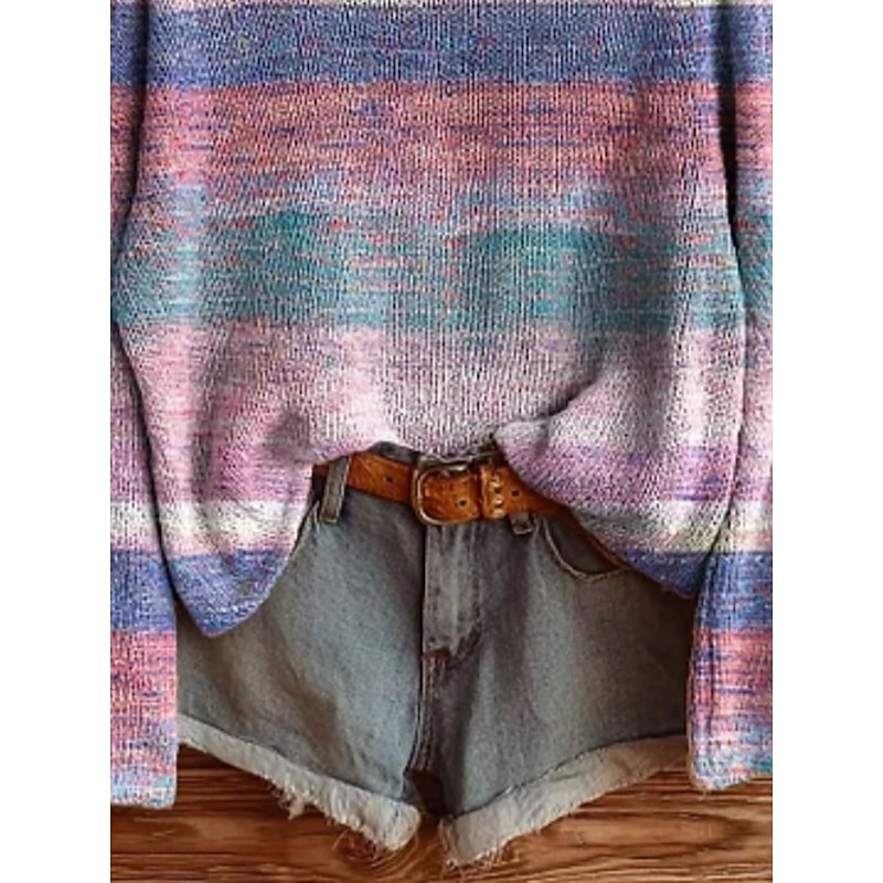 Women's Sweater Casual Soft Striped Stylish Modern Long Sleeve Crew Neck Regular Tops Daily Holiday Print Purple Spring Fall Winter2