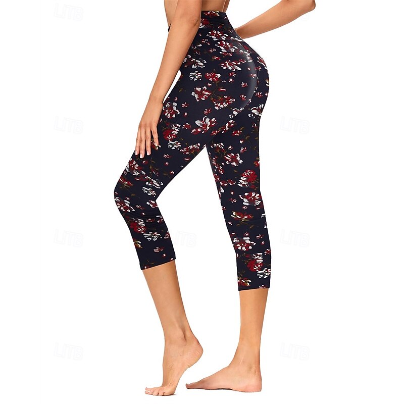 Women's Capri Leggings Yoga Leggings Tummy Control Gym Athletic Running Bottoms Floral Print Black Brown Rose Red Fall Sports Activewear Stretchy Slim4