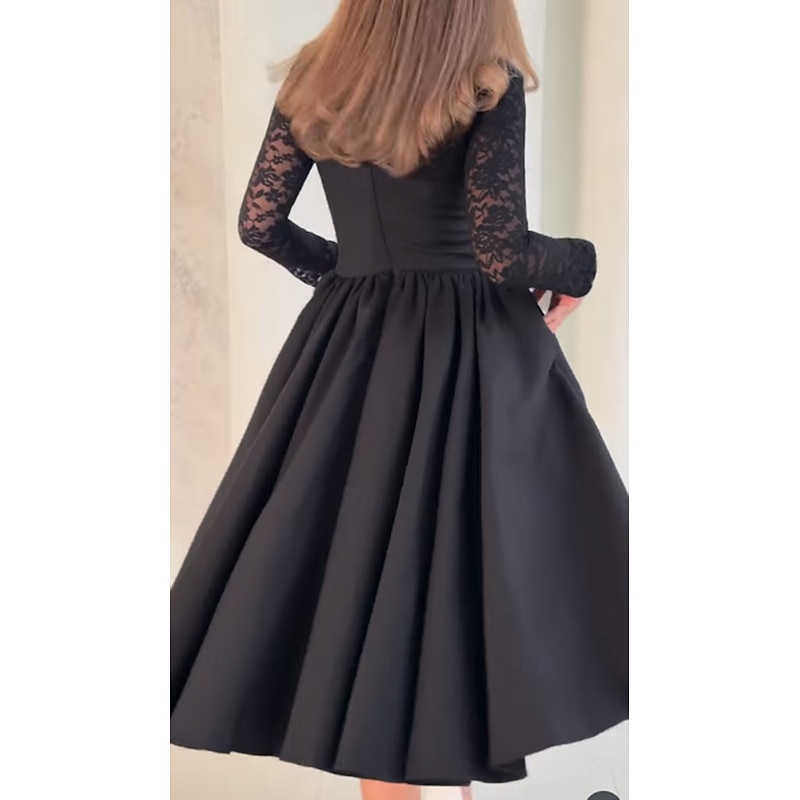 Black A-Line Cocktail Dresses Stretch Crepe Long Sleeve Formal Dress  Elegant Dress Wedding Tea Length Midi Length Square Neck Stretch Lace with Ruched Pocket 20253
