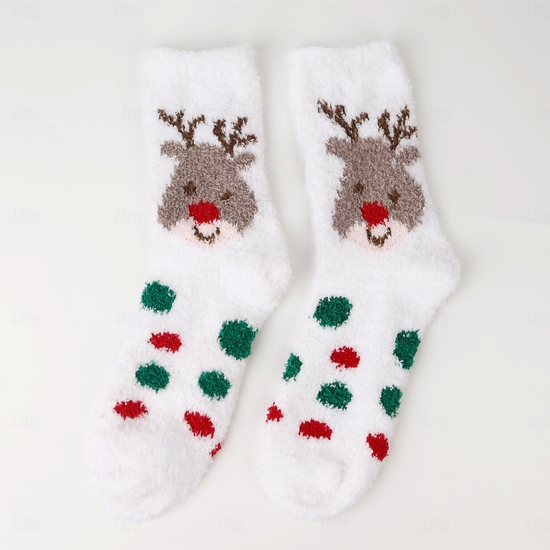 Winter Christmas Socks for Women, Cute Cartoon Coral Fleece Floor & Sleep Socks, Thick Warm Holiday Socks, European Style Xmas Plush Mid-Calf Socks4