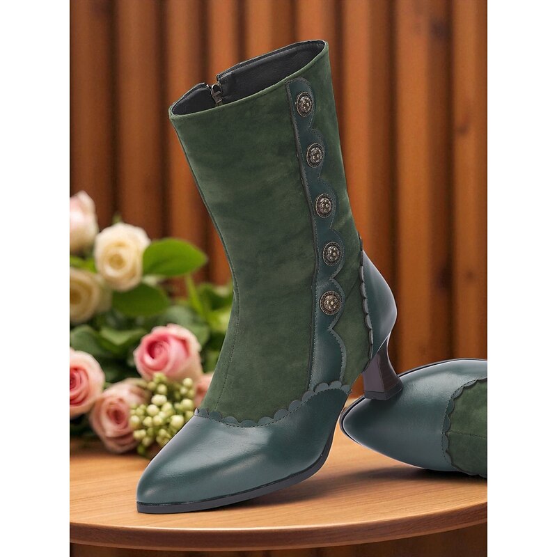 Women's Edwardian Victorian Button Boots - Early 1900s Green Suede and Leather Mid-Calf Boots with Decorative Buttons, Kitten Heels and Vintage Style for Historical Reenactments, Theater and Steampunk2