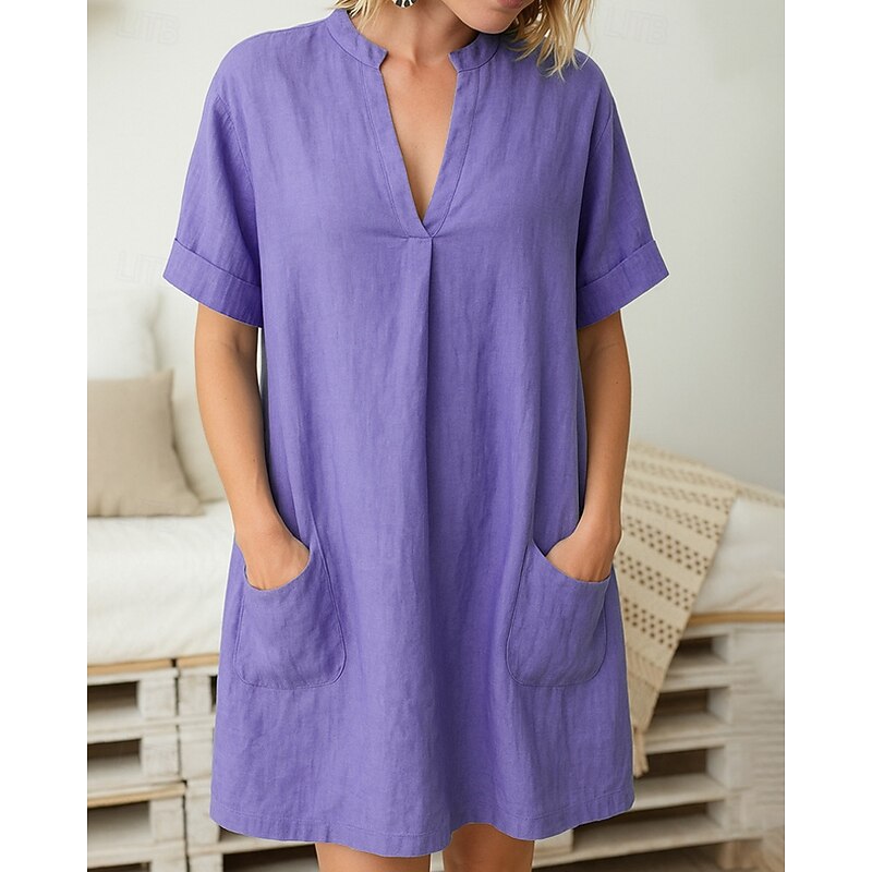 Women's Mini Dress Shirt Dress Casual Dress Cotton Linen Dress Classic Modern Outdoor Vacation Holiday Regular Fit Plain Short Sleeve V Neck Black Light Green Purple Light Blue Summer3