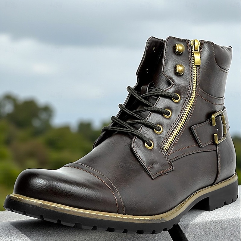 Men's Combat Boots with Side Zipper and Buckle - Casual Fashion Lace-Up Ankle Boots for Urban Streetwear and Everyday Outfits