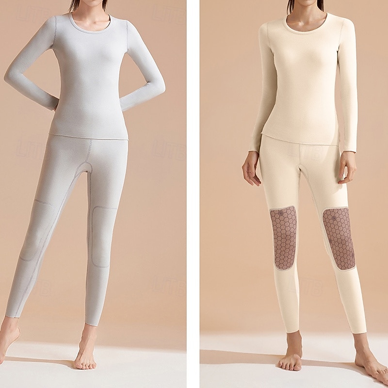 Women's Cold Weather Top Bottom Base Layer Top & Bottom Thermal Underwear Set Winter Thick Clothing Suit rice white Black Athletic Running Yoga Warm Long Sleeve Sport Activewear