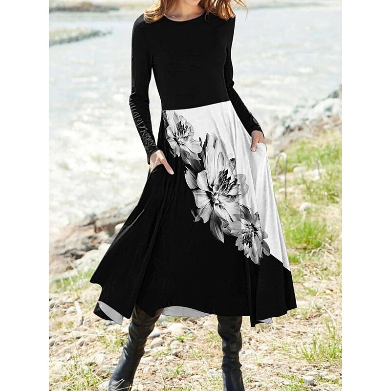 Women's Midi Dress A Line Dress Fit And Flare Dress Vacation Casual Daily Regular Fit Graphic Geometric Long Sleeve Crew Neck Black White Red Blue Summer Spring Fall Winter3