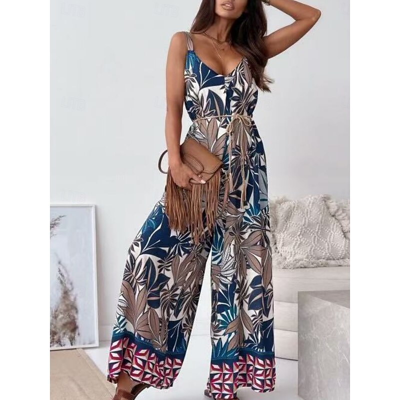 Women's Normal Jumpsuit Active Graphic Sleeveless Wide Leg V Neck High Waist Vacation Daily Regular Fit Navy Blue Blue Apricot Summer3