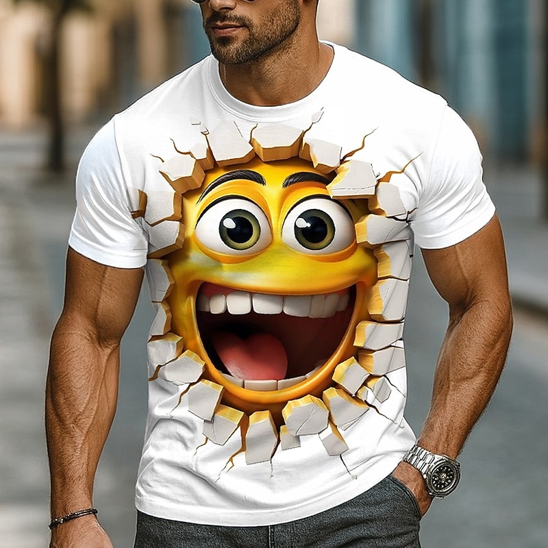 Men's Optical Illusion 3D Funny Emotes T Shirt Short Sleeve T shirt 3D Print Crew Neck Shirt Exaggerated Designer Party Daily Holiday Yellow Purple Green Summer Spring All Seasons Clothing Apparel S3