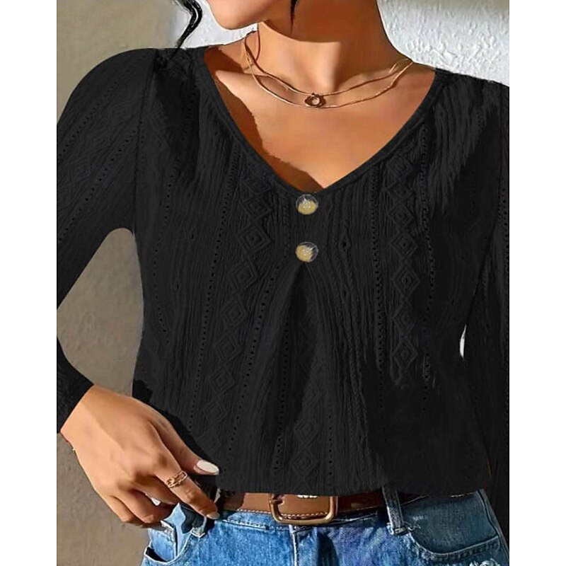 Women's Shirt Blouse Plain Modern Casual Long Sleeve V Neck Regular Tops Daily Going out Buttons Black White Fall
