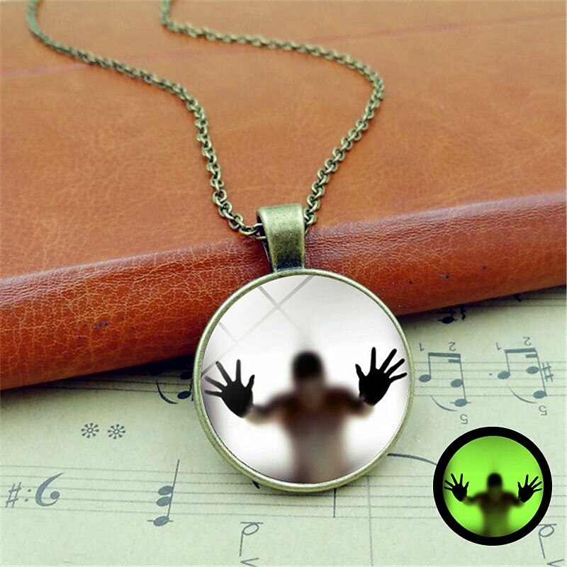 Unique Glass Pendant Necklace - Luminous Silhouette, Glowing Green, Metallic Chain for Night Events2