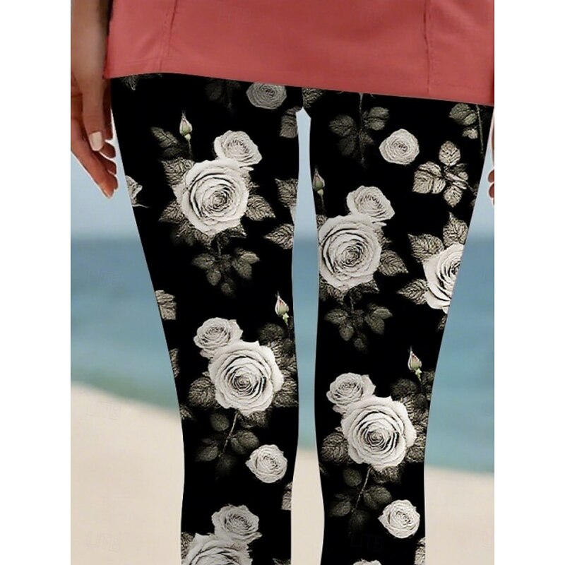 Women's Pants Trousers Leggings Streetwear Casual Full Length High Waist Floral Elastic Waist Print Breathability Comfortable Stretchy Vacation Street Daily Wear Black Summer Spring Fall Regular Fit2