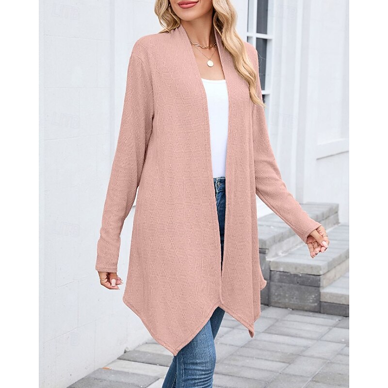 Women's Cardigan Casual Solid Color Ribbed V Neck Knitted Asymmetric Hem Long Sleeve Long Tops Knit Holiday Going out Weekend Black Pink Fall4