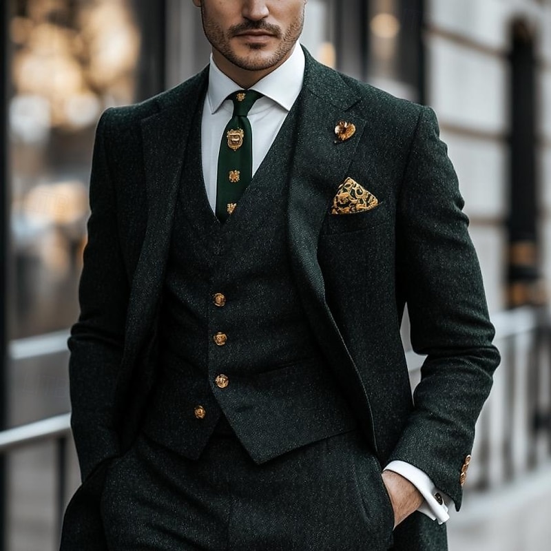 Men's Wedding Business Tweed Suits Notch Lapel Dark Green Daily Casual Solid Colored Tailored Fit 3 Piece Single Breasted One-button