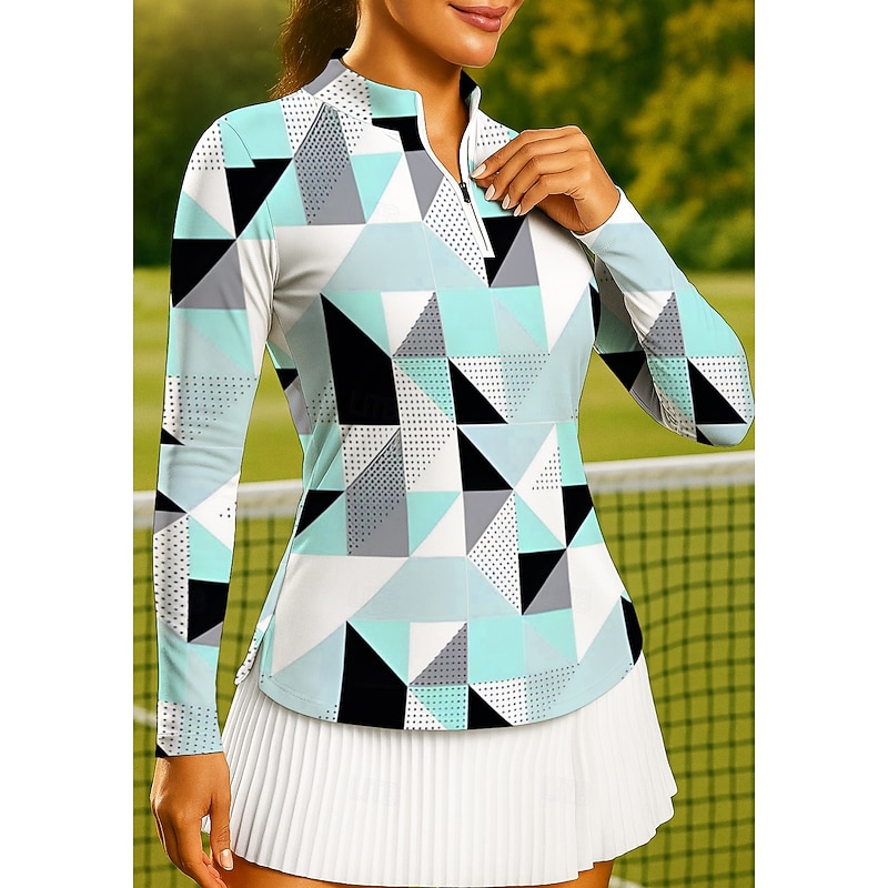 Women's Geometric Sweatshirt Tops Golf Polo Shirt Tennis Shirt Long Sleeve Print Quarter Zip Pullover UV Protection Elastic Breathable Tennis Golf Pickleball Stand Collar Zip Collar Shirt Polo Blue