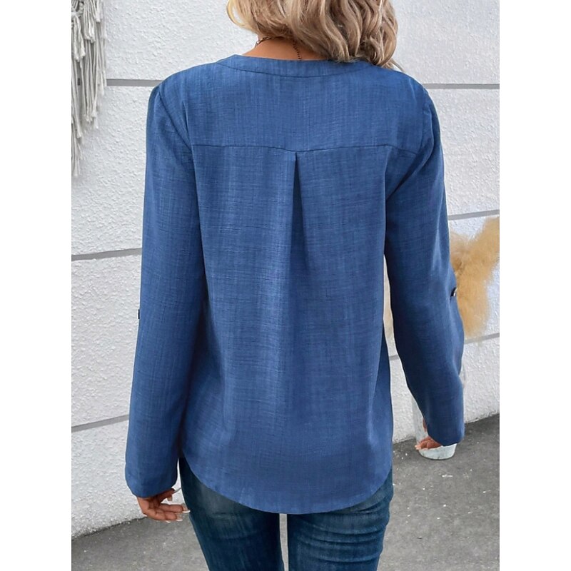Women's Shirt Solid Color Stylish Casual Long Sleeve V Neck Regular Tops Daily Buttons Red Blue Gray Summer Spring Fall3