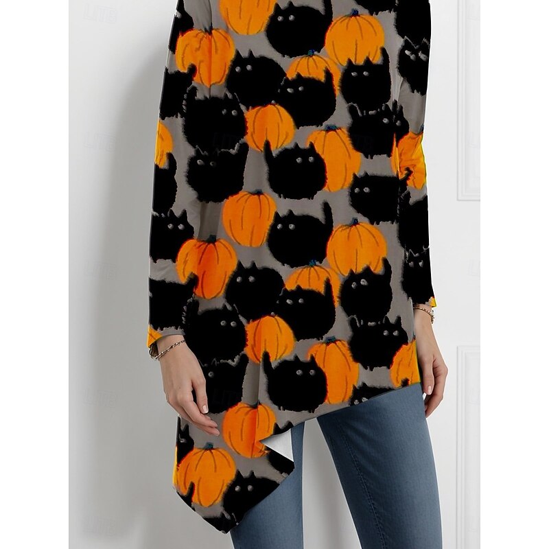 Halloween Women's Blouse Floral Graphic Skull Elegant Active Stylish Long Sleeve Turtleneck High Neck Long Tops Party Evening Wear Daily Going out Asymmetric Hem Orange Summer Spring Fall Winter3