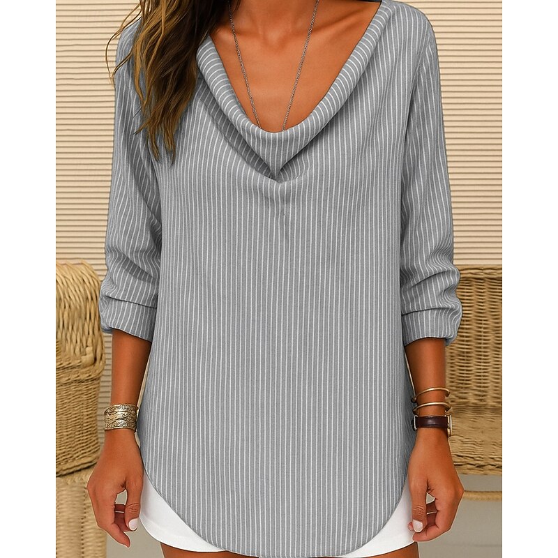 Women's T Shirt Striped Casual Long Sleeve V Neck Regular Tops Going out Weekend Asymmetrical Black Yellow Gray Light Blue Fall2