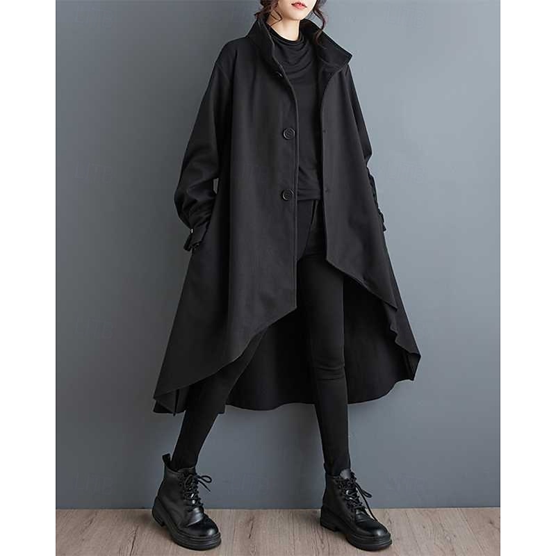 Women's Trench Coat Warm Comfortable Pocket Irregular Hem Buttons Fashion Plain Casual Daily Park Single Breasted Long Stand Collar Regular Fit Long Sleeve Outerwear Black Fall