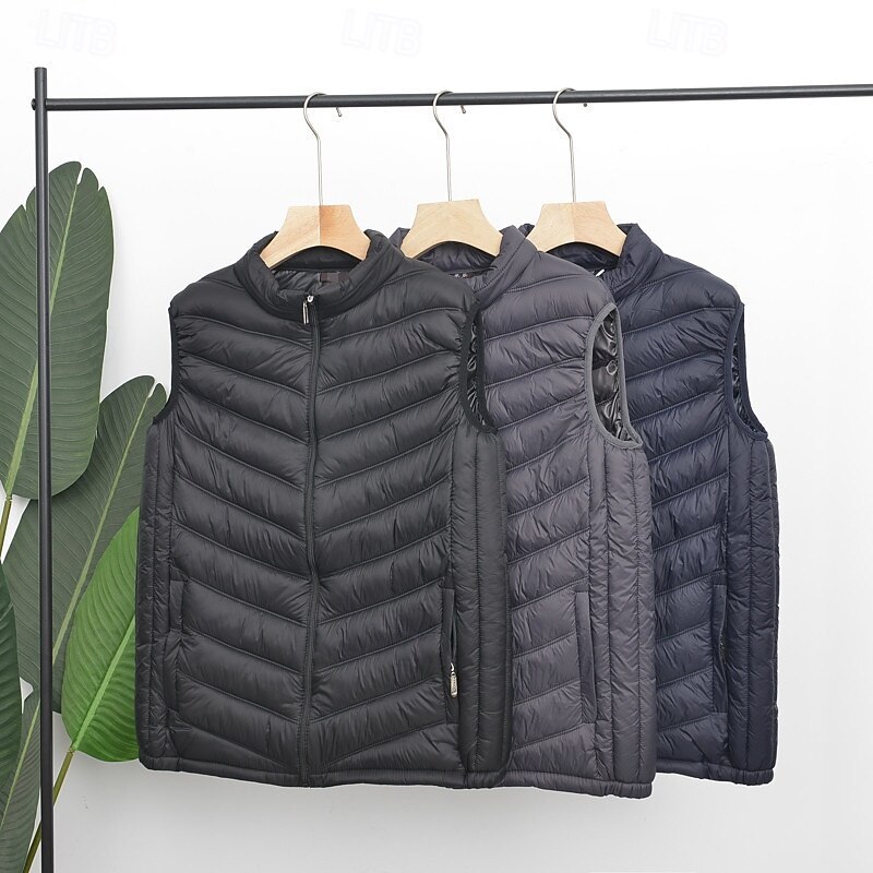 Men's Puffer Vest Vest Gilet Vacation Daily Date Fashion Casual Winter Pocket Polyester Warm Comfortable Solid Color Zipper Stand Collar Regular Fit Black Navy Blue Gray Vest