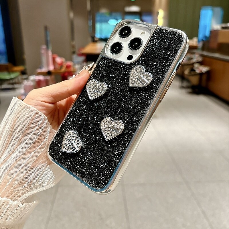 Phone Case For iPhone 16 15 14 Pro Max Plus 16e 13 Pro Max Back Cover Bling Glitter Shiny Shockproof Heart PC4