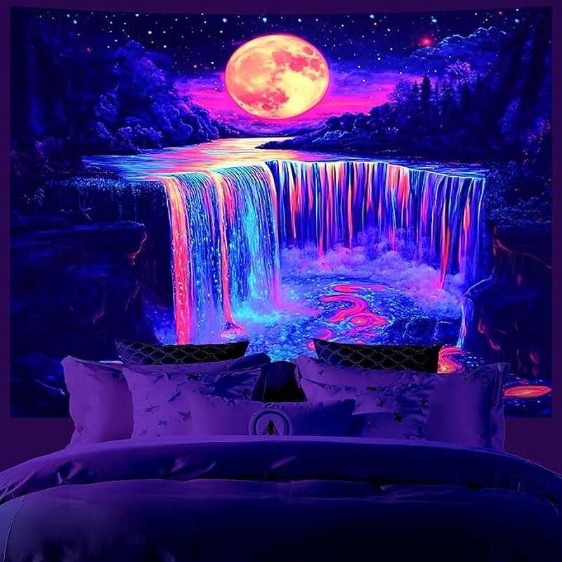 Full Moon Waterfall Blacklight Tapestry – Psychedelic Glow in the Dark Wall Hanging for Bedroom or Dorm Decor