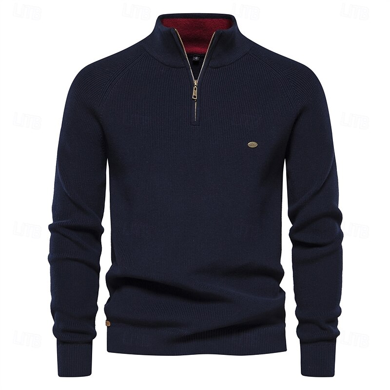Men's Pullover Knit Regular Tops Half Zip Plain Standing Collar Cool Pullover School Vacation Clothing Apparel Spring Fall Black Dark Navy S M L4