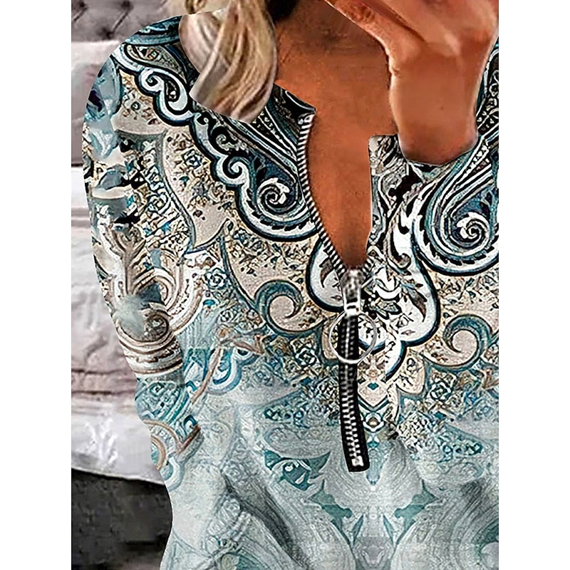 Women's Pullover Sweatshirt Zip Up Sweatshirts Floral Graphic Paisley Fashion Casual Long Sleeve Crew Neck V Neck Regular Tops Street Dailywear Zipper Print Army Green Spring Fall Winter2