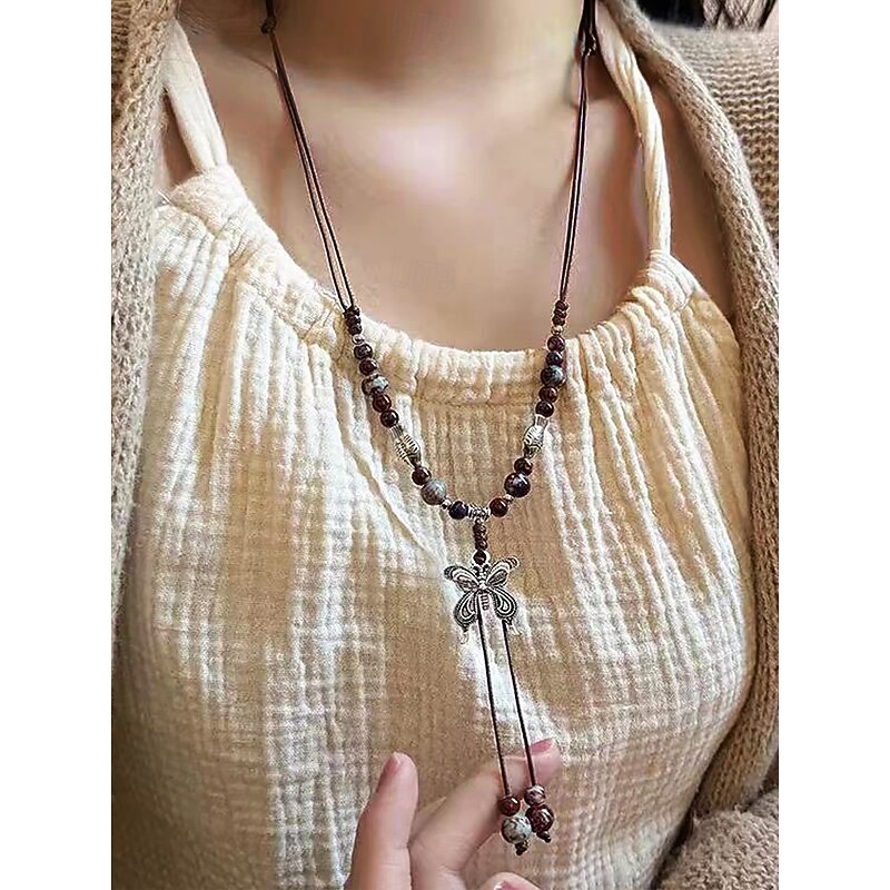 Women's Adjustable Ceramic Bead Butterfly Pendant Necklace – Bohemian Long Rope Jewelry for Casual Wear, Gifts and Festivals4