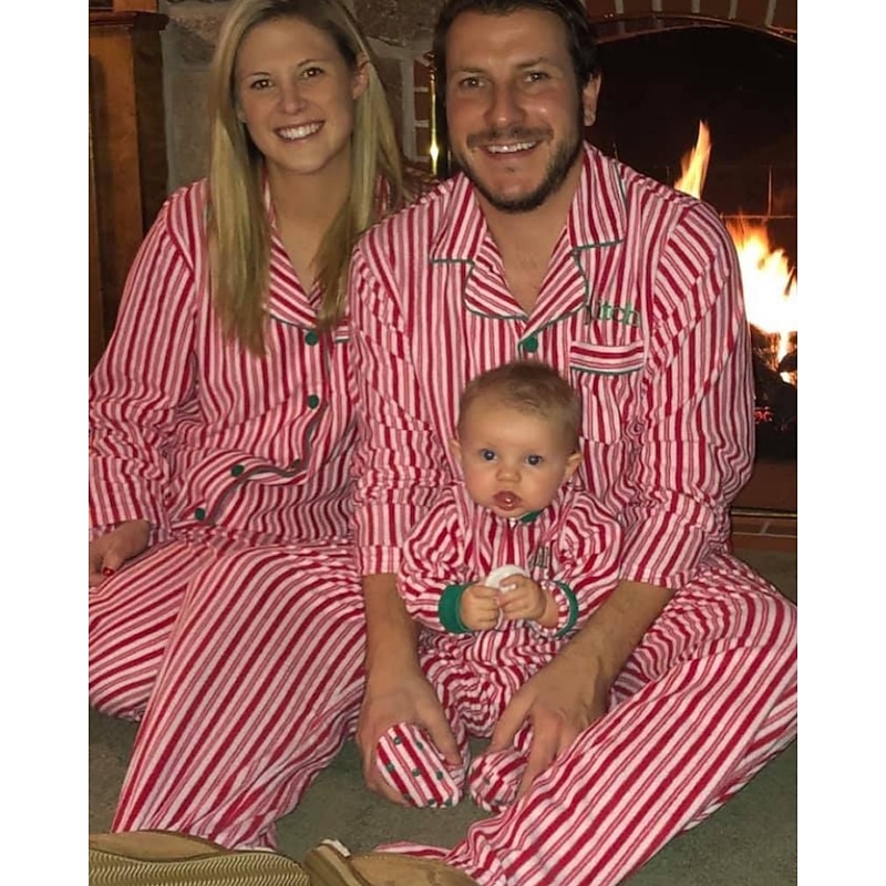 Family Pajamas Striped Street Print Red Long Sleeve Sweet Matching Outfits4
