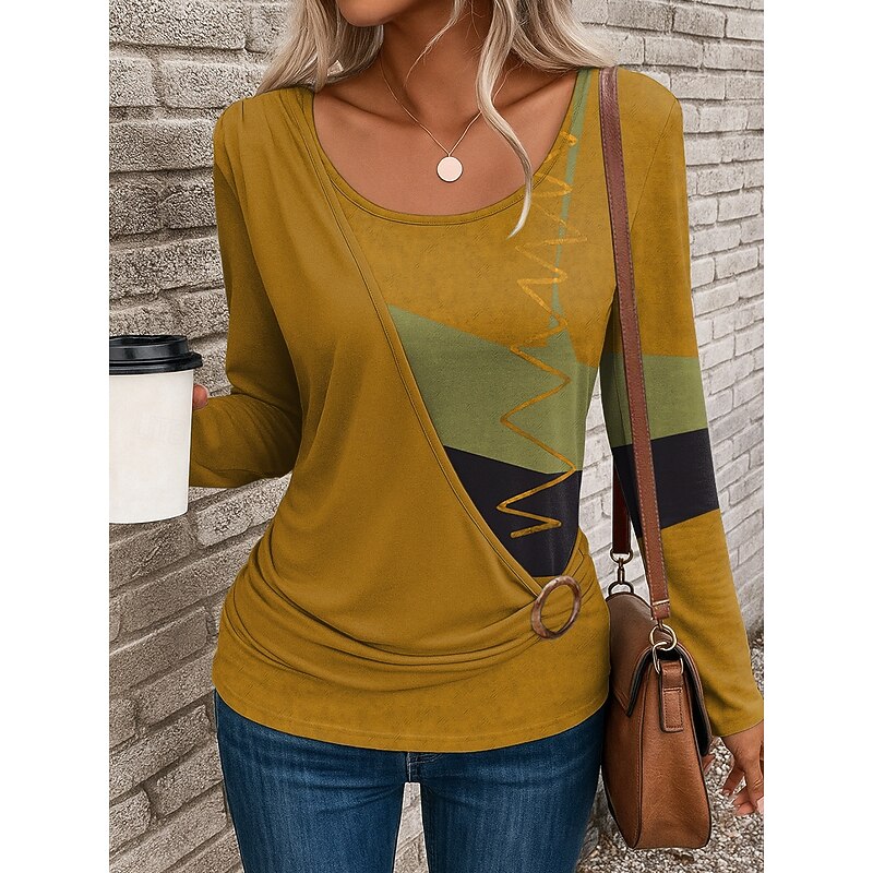 Women's T Shirt Graphic Geometric Vintage Stylish Casual Long Sleeve Crew Neck Regular Tops Daily Patchwork Print Yellow Red Blue Dusty Blue Purple Fall Winter4