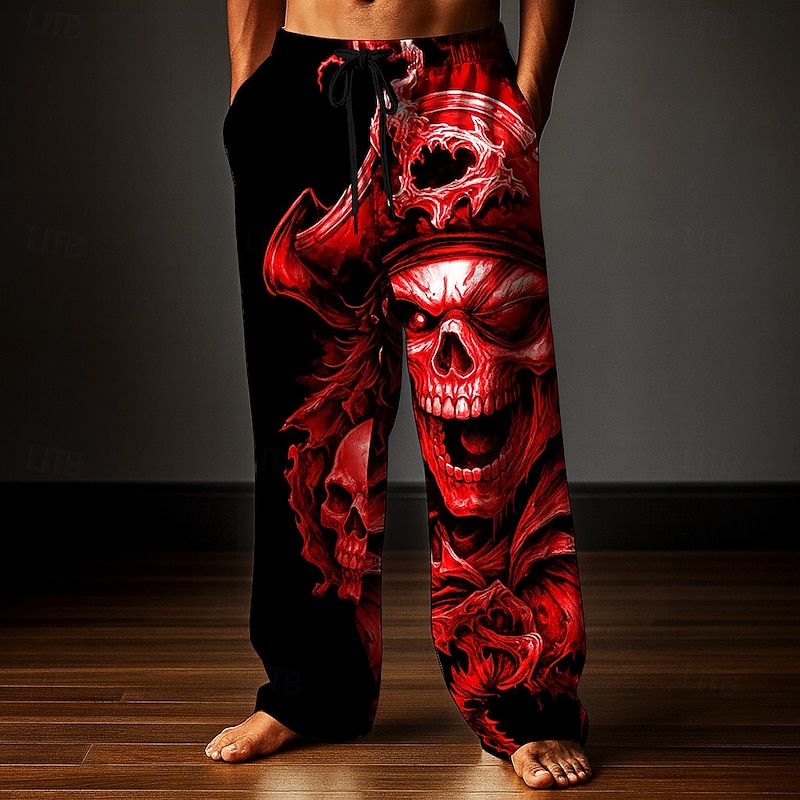 Men's Trousers Baggy Pants Casual Pants Elastic Drawstring Waist Linen-Like Pants with Pockets Skull Pirate Full Length Holiday Dark Punk Gothic Style White Red Inelastic