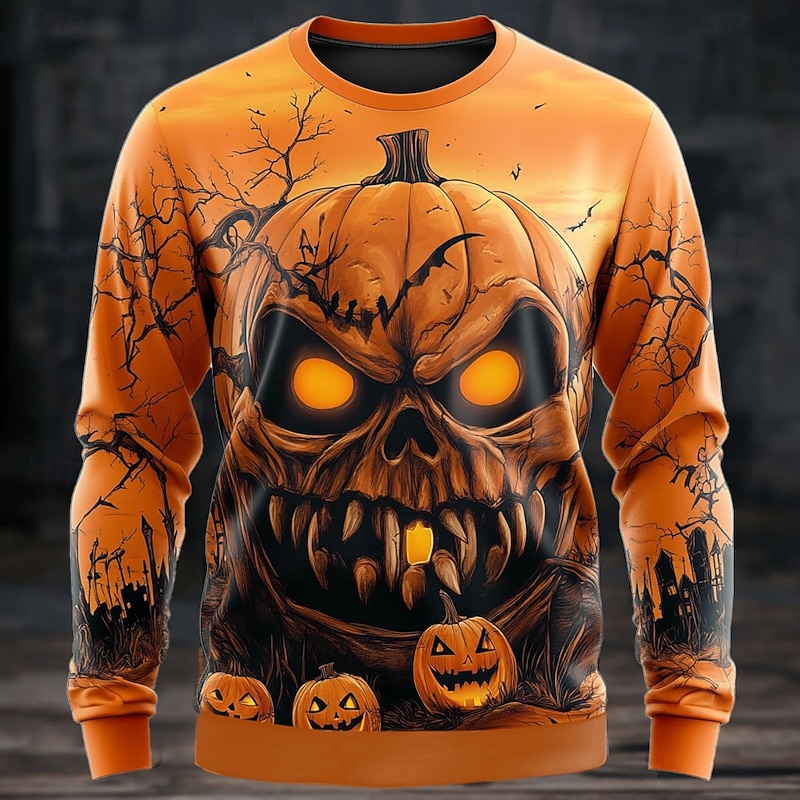 Halloween Men's Pumpkin Sweatshirt Punk Party Long Sleeve Crew Neck Vacation Yellow Purple Crewneck 3D All Seasons Designer