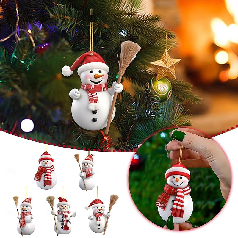 5pcs Snowman Acrylic Christmas Tree Ornament Cute Snowman with Hat and Broom Christmas Hanging Decorations for Christmas Tree Hanging Ornaments