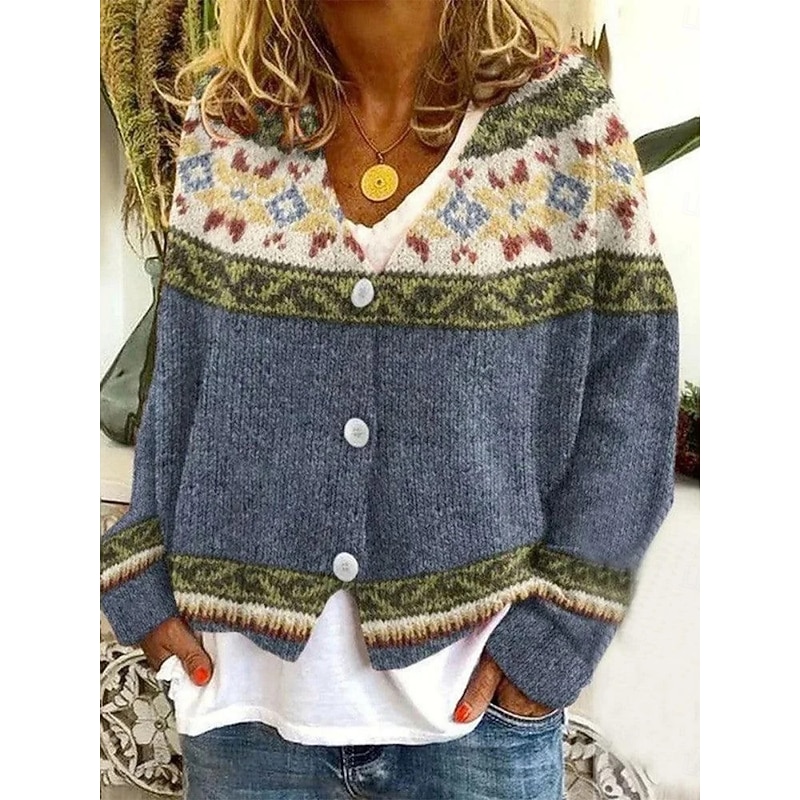Women's Cardigan Sweater Knitted Ribbed Button Front V Neck Long Sleeve Lightweight Elegant Streetwear Graphic Geometric Buttons Print Tops Knit Outdoor Daily Weekend Yellow Navy Blue Fall Winter2