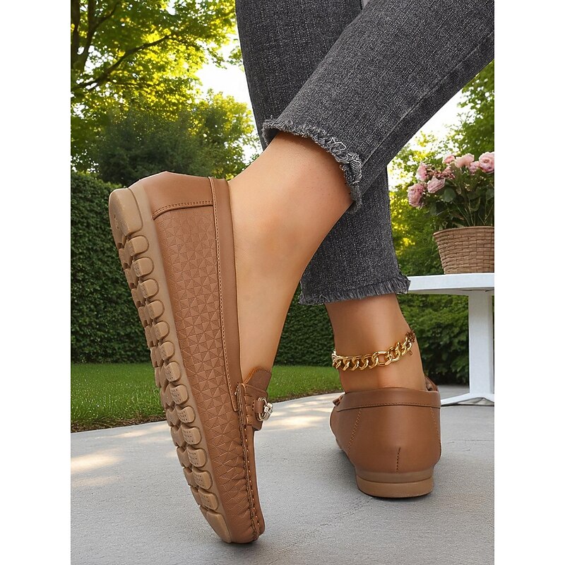 Women's Slip-On Driving Loafers – Brown Anti-Slip Moccasin Flats with Metal Bit Detail for Work, Travel and Daily Wear4