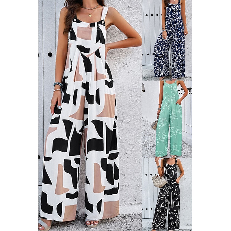 Women's Dungarees Active Graphic Sleeveless Sleeveless Wide Leg Pocket Buttons Vacation Daily Loose Fit Black White Navy Blue Summer
