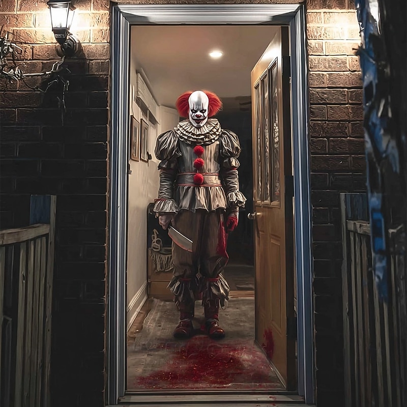 Halloween Door Cover Outdoor Banners Clown 3D Dark Punk Gothic Style Party Outdoor Shooting Backgrounds Front Door Wall Porch Home Decor4
