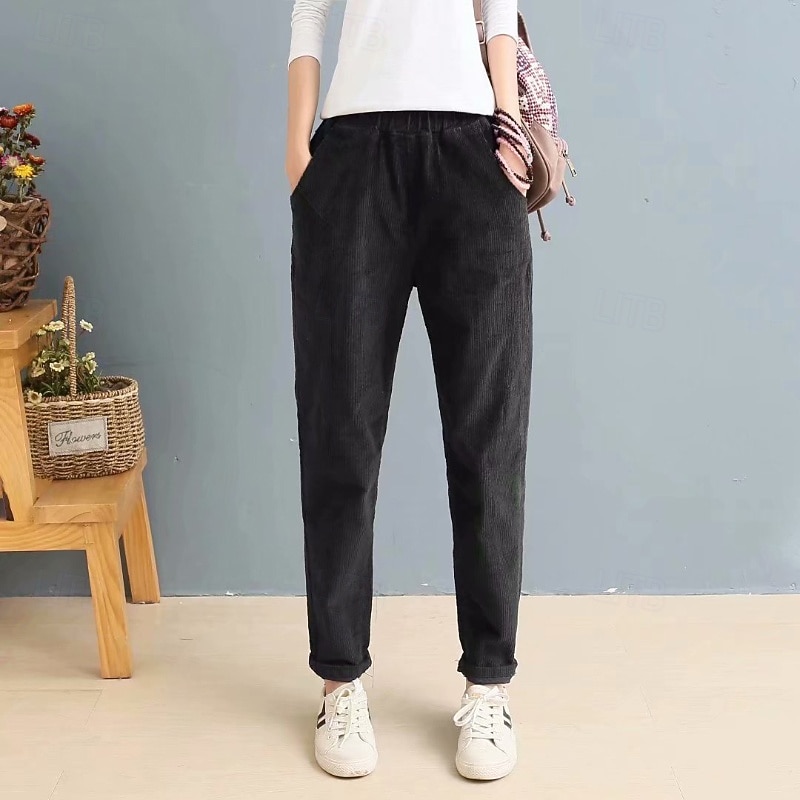 Women's Corduroy Pants Slacks Straight Streetwear Casual Full Length Natural Plain Pocket Elastic Waist Comfy Holiday Weekend Apricot Grey Black Pink Fall Regular Fit4