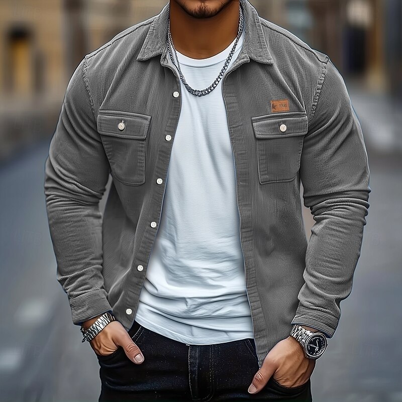 Men's Solid Color Corduroy Shirt Shirt Jacket Overshirt Long Sleeve Casual Outdoor Dailywear Fall Winter Turndown Button-Down Warm Jacket with Flap Pockets Red Blue Green Khaki Gray4