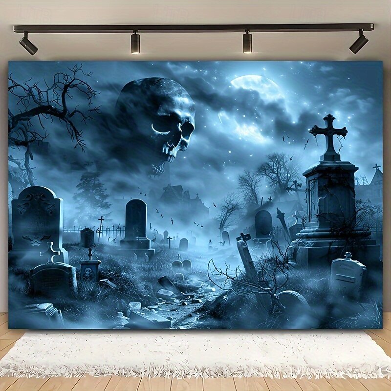 Skull in the Sky Halloween Tapestry – Spooky Graveyard Wall Hanging with Full Moon & Fog, Gothic Horror Decoration for Haunted Room Aesthetic