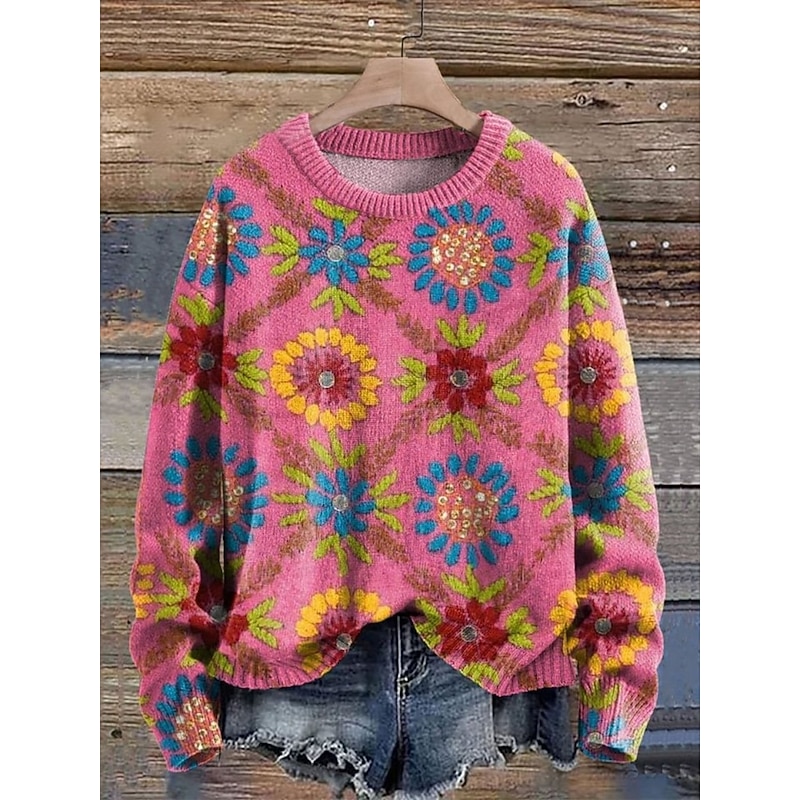 Women's Sweater Casual Soft Floral Graphic Ribbed Crew Neck Knitted Print Long Sleeve Regular Tops Knit Outdoor Daily Weekend Pink Fuchsia Fall Winter2